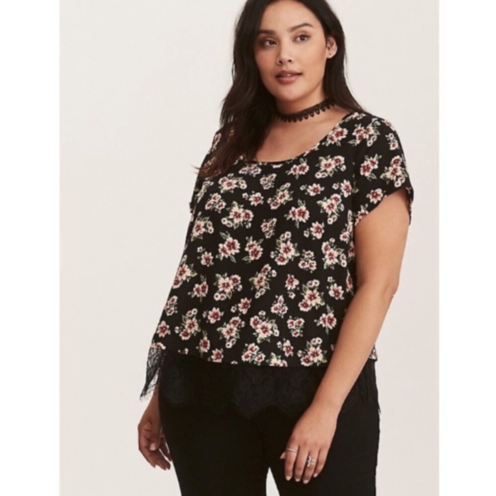 Torrid Floral Georgette Lace Hem Adorable Black Top 3X